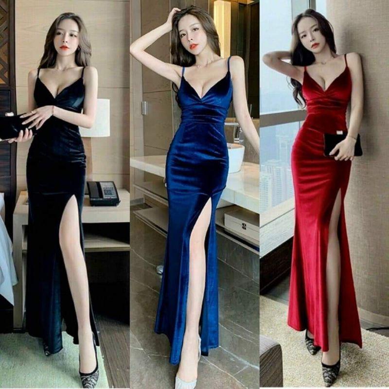 ĐẦM MAXI NHUNG 2 DÂY XẺ TÀ