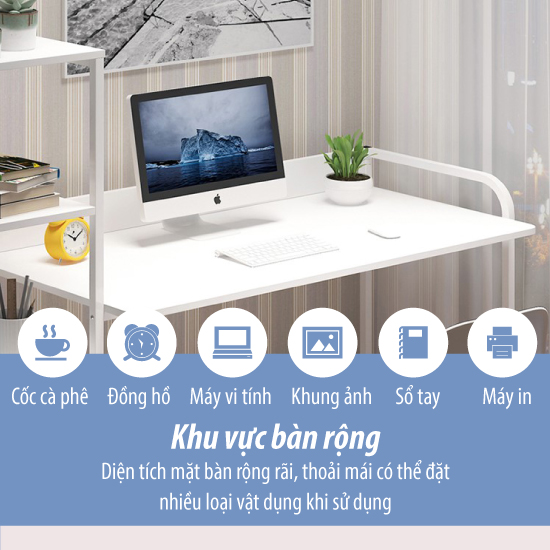 Bàn làm việc, bàn học BG chân sắt thiết kế kèm giá sách 2 tầng rất tiện lợi, mặt bàn gỗ công nghiệp được bo góc để trách va đập