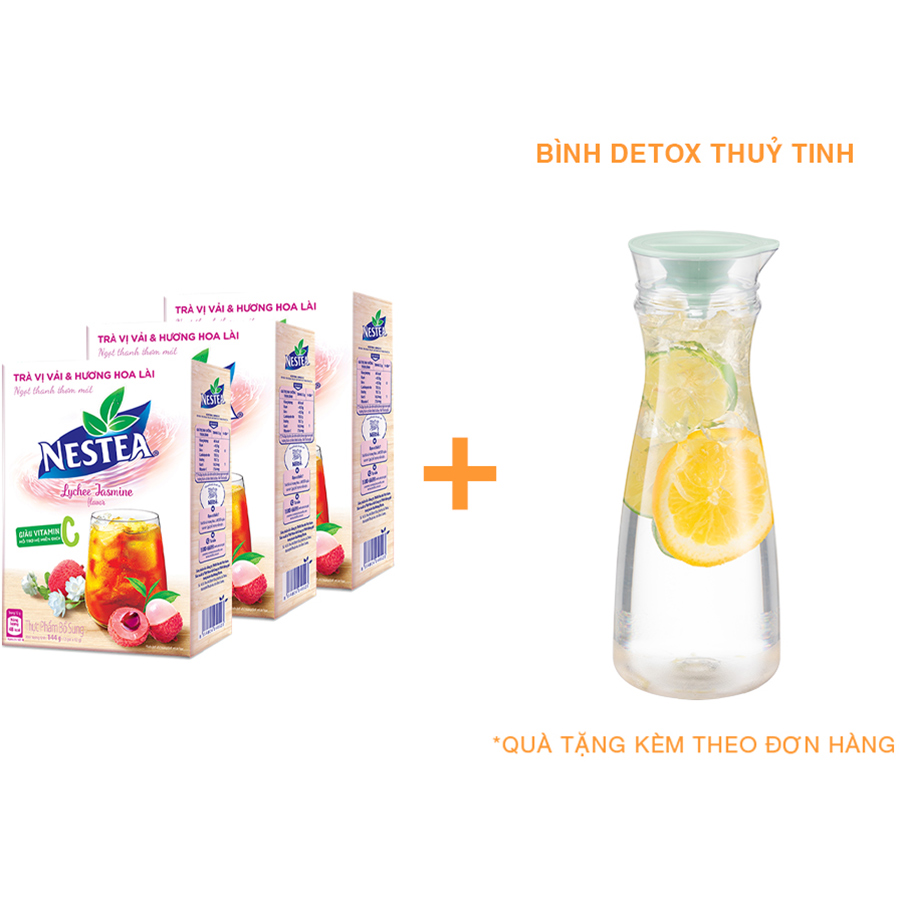 Combo 3 hộp trà Nestea vị vải hương hoa lài (Hộp 12 gói x 12g) - [Tặng 1 bình detox nhựa nguyên sinh]