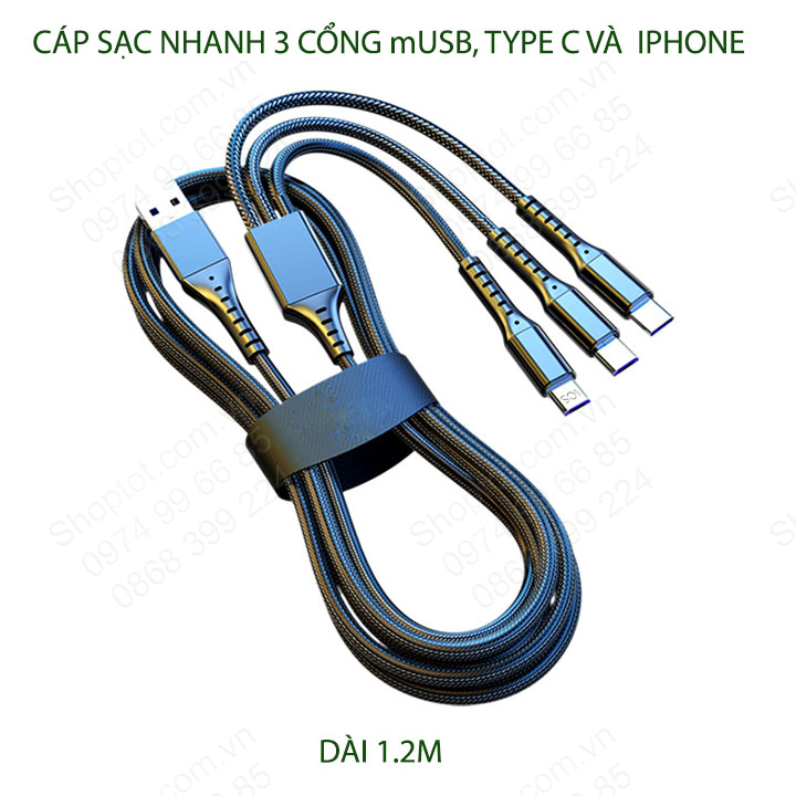 Cáp sạc nhanh 3 in 1 vỏ bọc dù siêu bền 66W, dài 1.2m