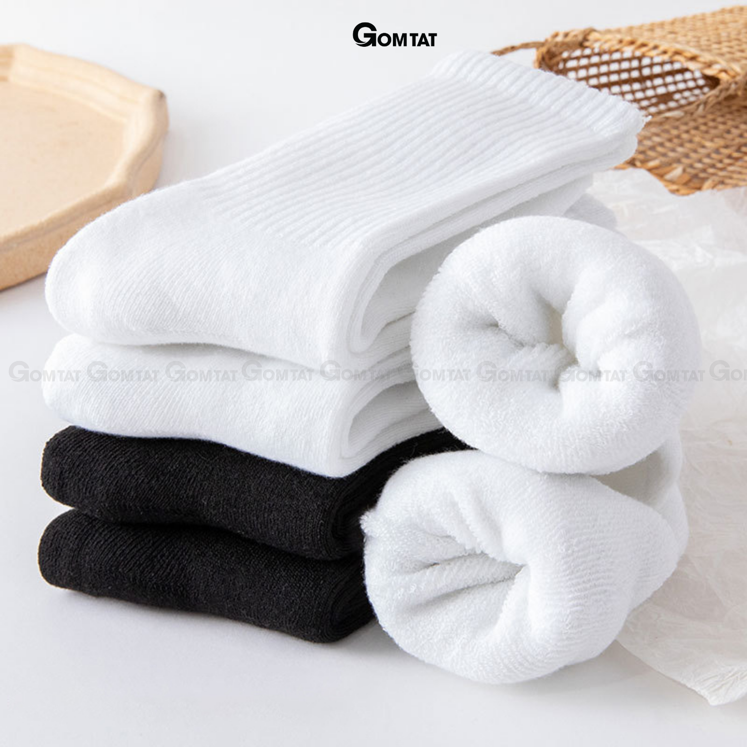 Tất vớ trơn lót xù nam nữ cổ cao, lửng GOMTAT thiết kế giữ ấm mùa đông chất liệu cotton êm chân - TATXU-COCAO-TRON