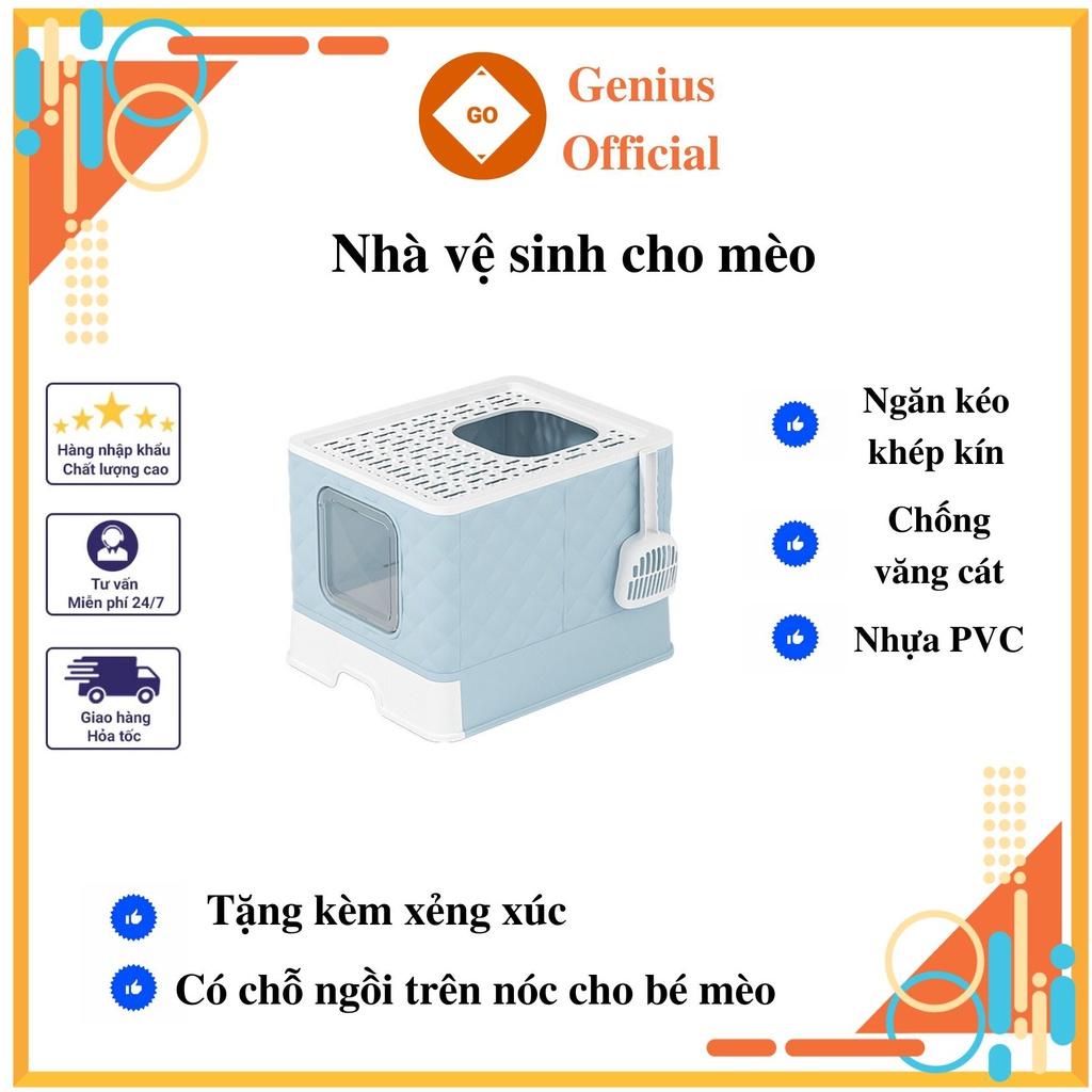 Nhà vệ sinh cho mèo có ngăn kéo khép kín có cửa vào ra riêng chống văng cát, lọc cát kèm xẻng - Genius 79