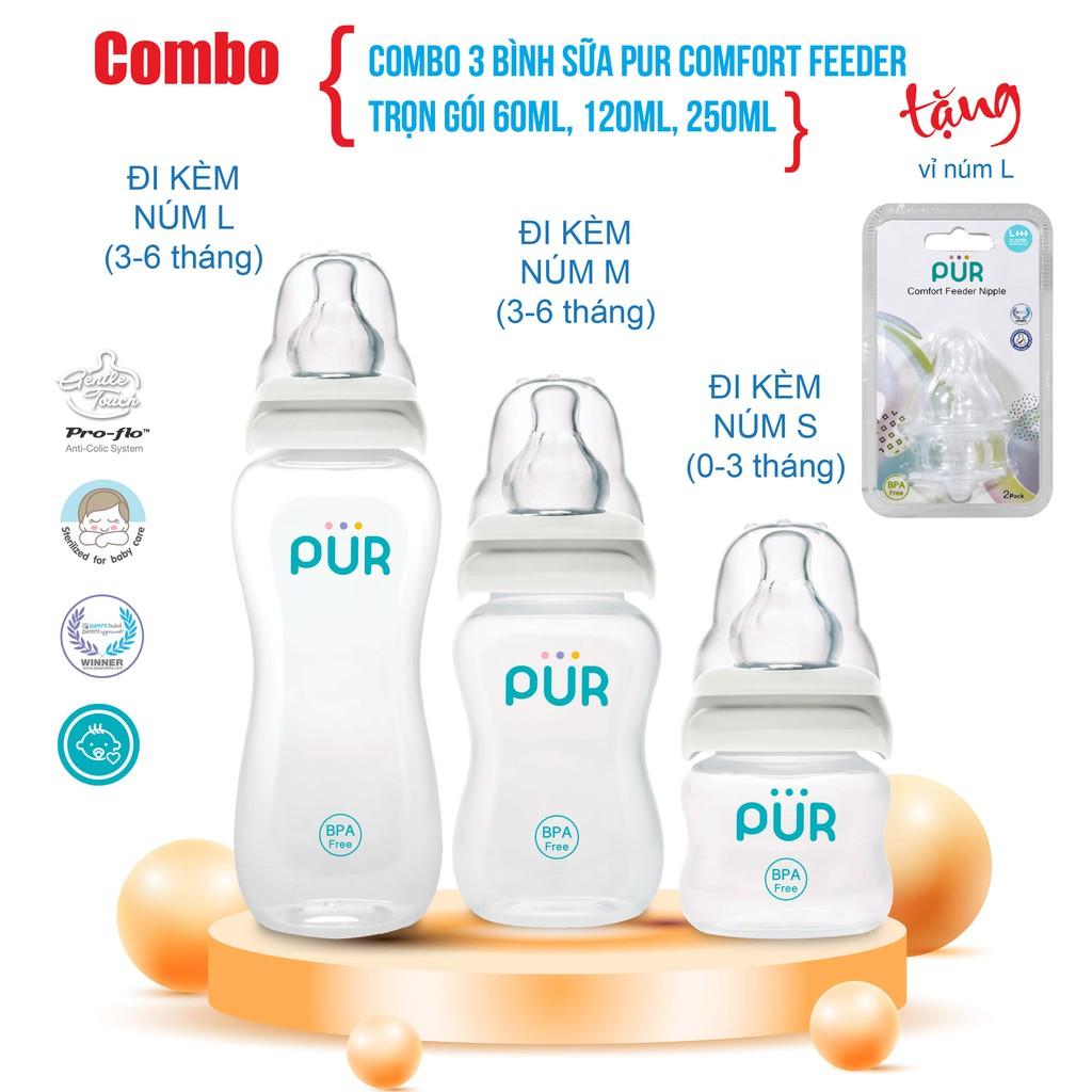 Combo 3 bình sữa Pur Comfort Feeder trọn gói 60ml, 120ml, 250ml - tặng vỉ núm L