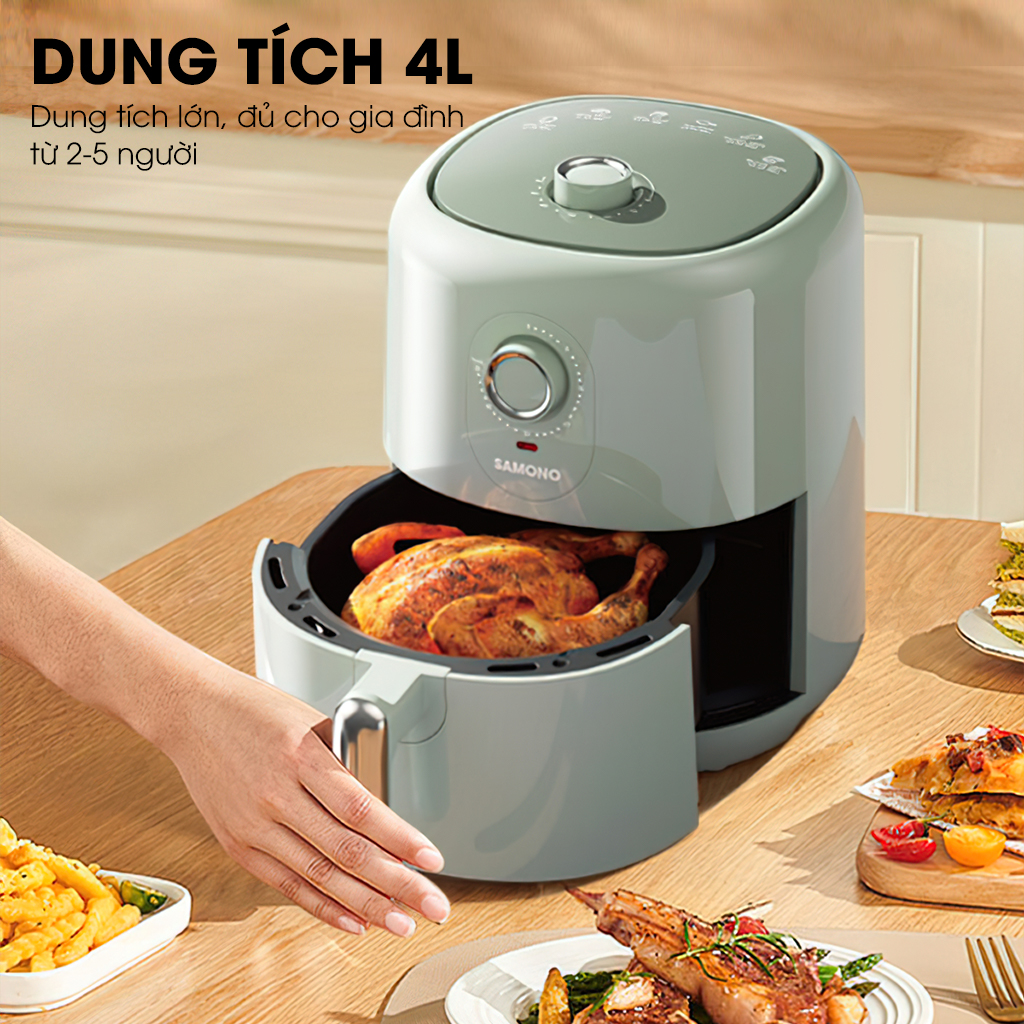 Nồi Chiên Không Dầu SAMONO SW-AFBE04 Xanh lá - Dung Tích 4 Lít - Thiết Kế Núm Vặn - Công Suất 1400W - HÀNG CHÍNH HÃNG