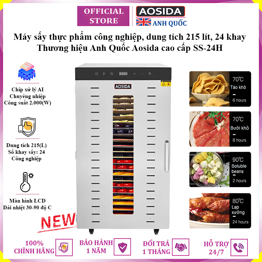 Máy sấy thực phẩm công nghiệp thương hiệu cao cấp AOSIDA SS-24H 24 khay - Dung tích 215L - Hàng nhập khẩu