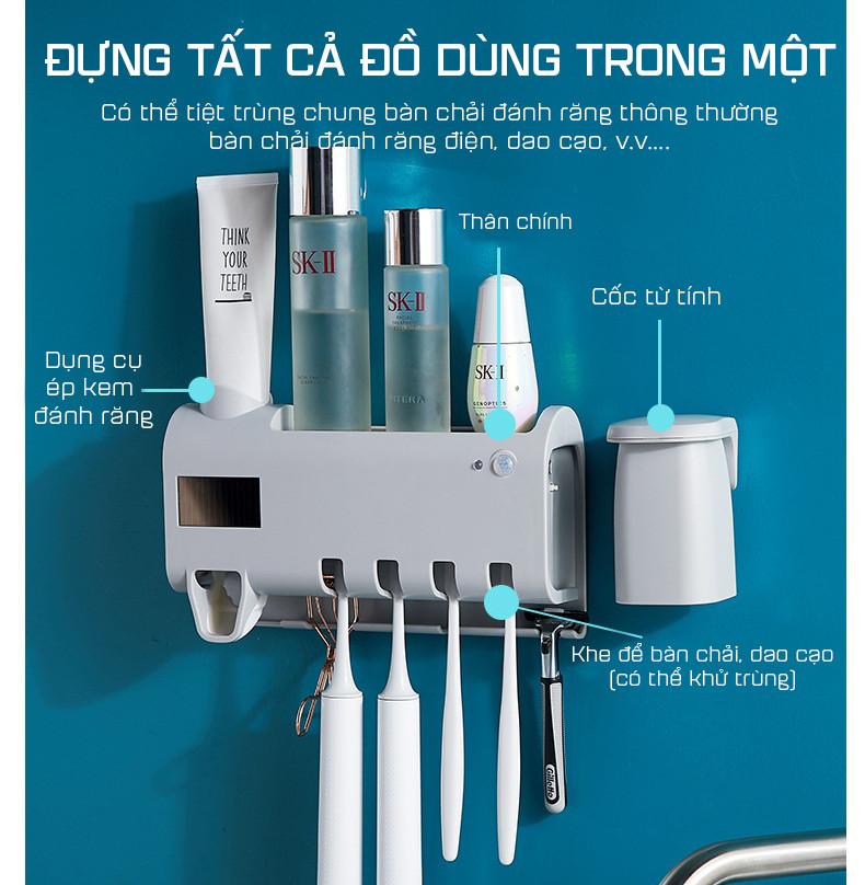 Kệ Đựng Bàn Chải Thông Minh Tự Động Lấy Kem Đánh Răng Kèm 2 Cốc Nam Châm Cao Cấp