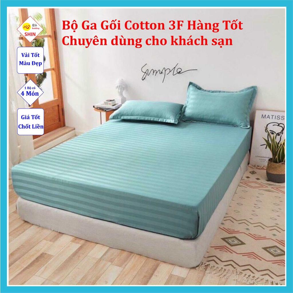 Bộ ga gối cotton kẻ sọc 3f màu xanh ngọc size giường 180x200x25cm chuyên dùng khách sạn