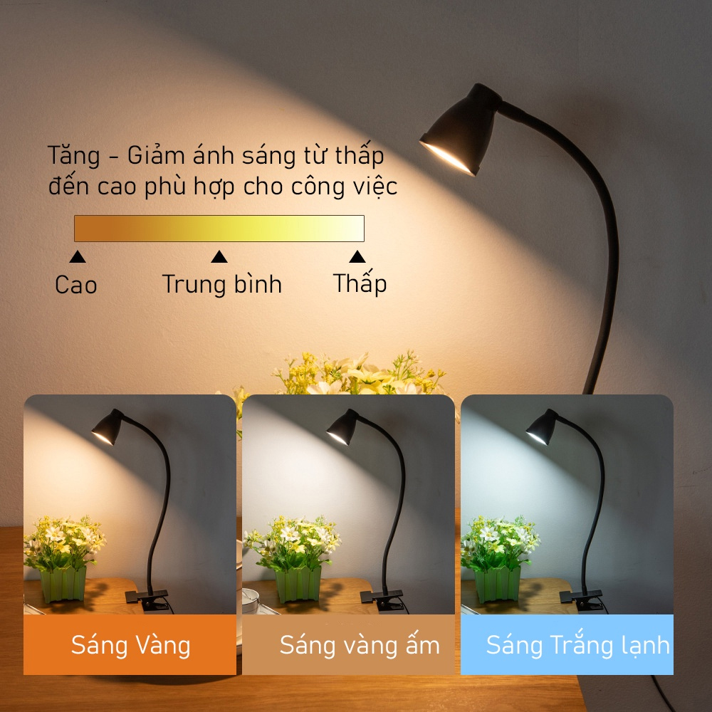 Đèn học, Đèn đọc sách kẹp đầu giường đa năng bóng LED 3 chế độ ánh sáng 3W, Nguồn USB 5V