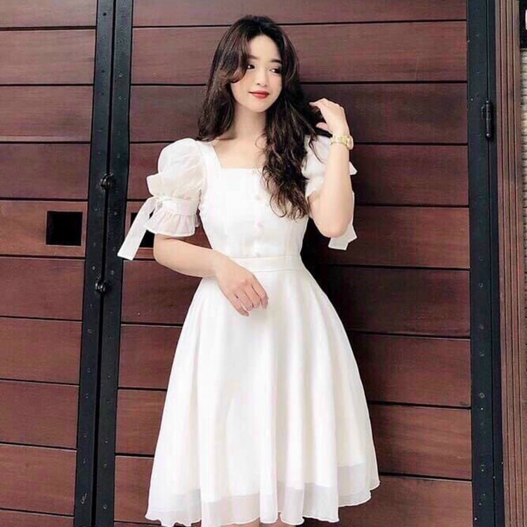 Đầm Voan 2 Lớp Đính Nút Tay Lững Thắt Nơ