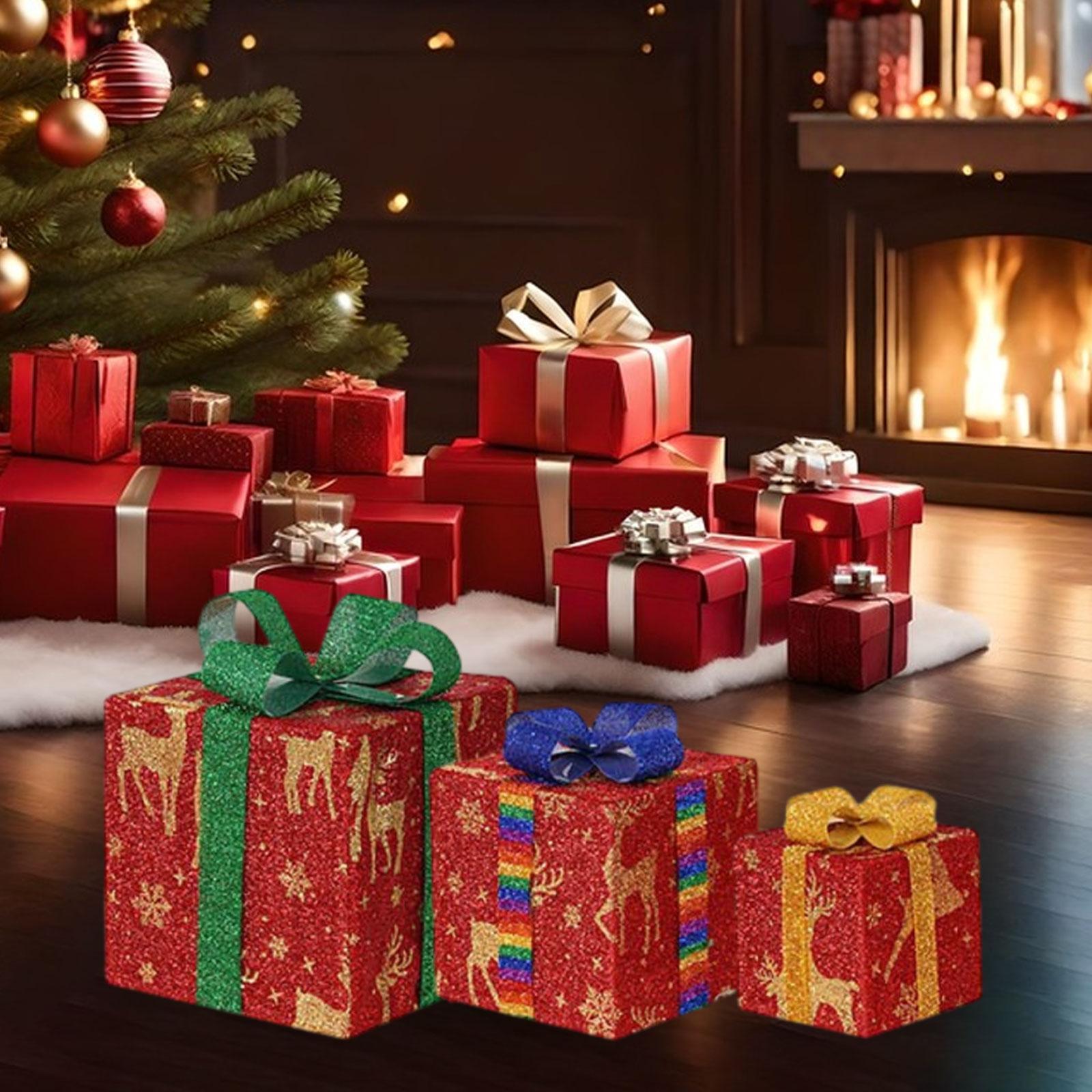 3x Christmas Lighted Gift Boxes, LED Christmas Boxes Set, Christmas Glowing Decoration Gift Boxes, for Restaurants Decoration