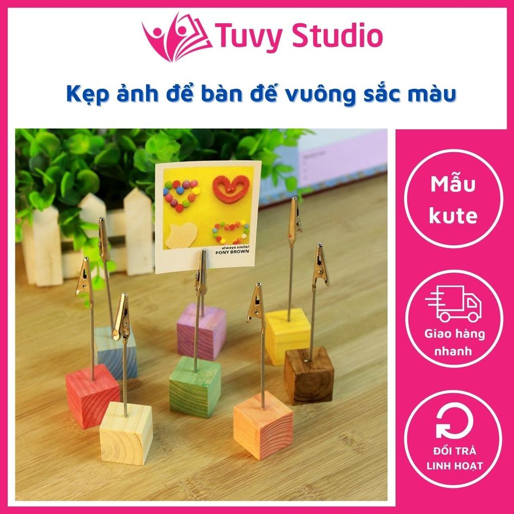 Kẹp ảnh để bàn đế gỗ vuông sắc màu, kẹp cardvisit, note, quà tặng ý nghĩa Tú Vy Studio