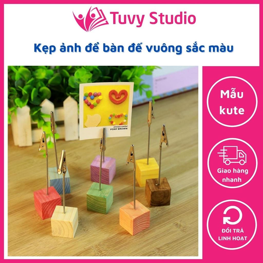 Kẹp ảnh để bàn đế gỗ vuông sắc màu, kẹp cardvisit, note, quà tặng ý nghĩa Tú Vy Studio