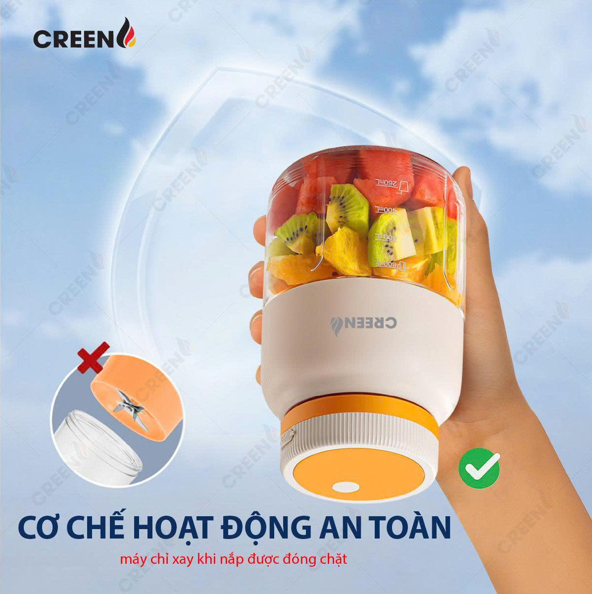 Máy Xay Sinh Tố Cầm Tay CREEN CR-BL800, Dung tích 800ml 80W, Pin Lithium 3000mAh, Lưỡi Kép 38 Cánh - Hàng Chính Hãng