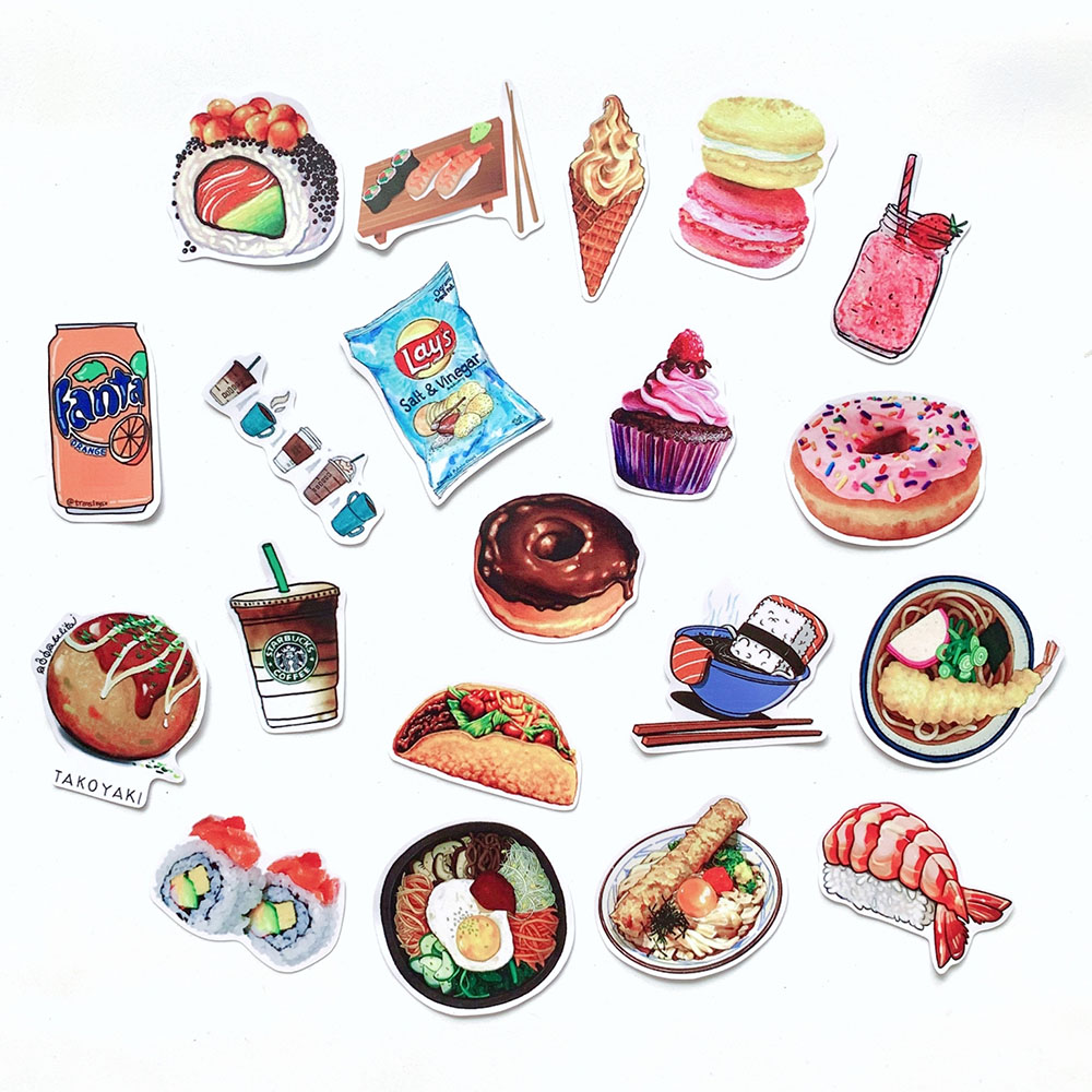 Bộ 20 Sticker Food Chủ Đề Món Ăn Uống (2020) Hình Dán Chống Nước Decal Chất Lượng Cao Trang Trí Va Li Du Lịch, Xe Đạp, Xe Máy, Laptop, Nón Bảo Hiểm, Máy Tính Học Sinh, Tủ Quần Áo, Nắp Lưng Điện Thoại