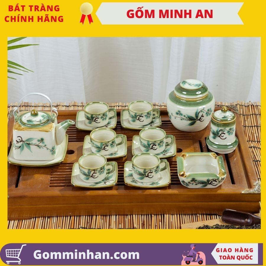 Bộ trà sứ Bộ ấm chén sứ bát tràng men tro cổ dáng ấm vuông gốm Minh An Bát Tràng dung tích 300ml