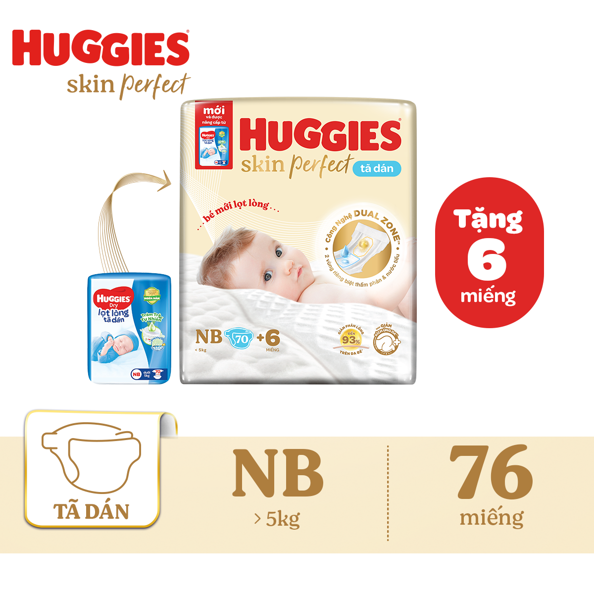 Combo 3 gói Tã/bỉm dán sơ sinh Huggies Skin Perfect NB 70+6 miếng với 2 vùng thấm giảm kích ứng da