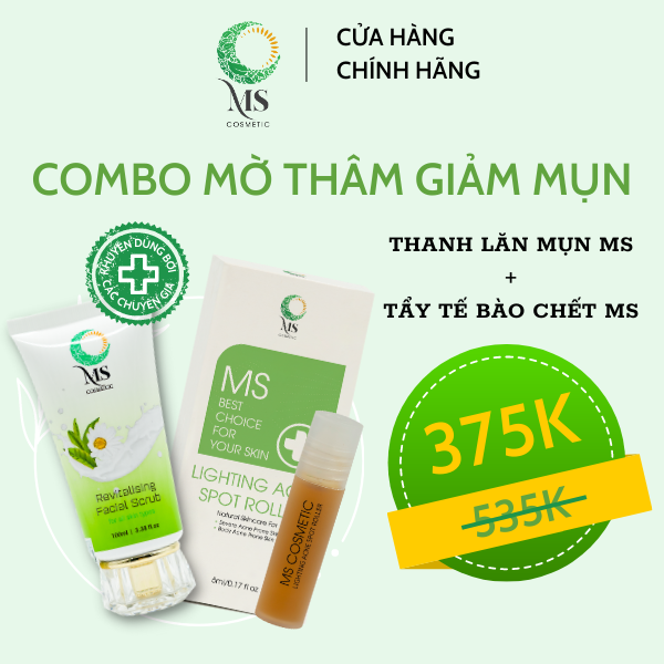Thanh Lăn Mụn MS Lighting Acne Spot Roller , Hỗ Trợ Giảm Mụn, Mờ Vết Thâm, Thông Thoáng Lỗ Chân Lông + Gel Tẩy Tế Bào Chết MS Revitalising Facial Scrub  Ngừa Mụn Làm Sáng Da, Dành Cho Da Nhạy Cảm - Mỹ Phẩm MS COSMETIC