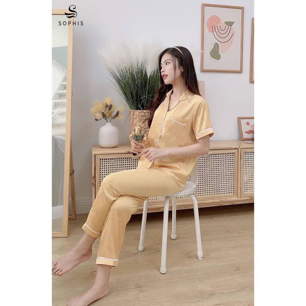 Pijama satin tay ngắn quần dài lụa cao cấp, hàng thiết kế Sophis HPJ004 - Vàng Mustard