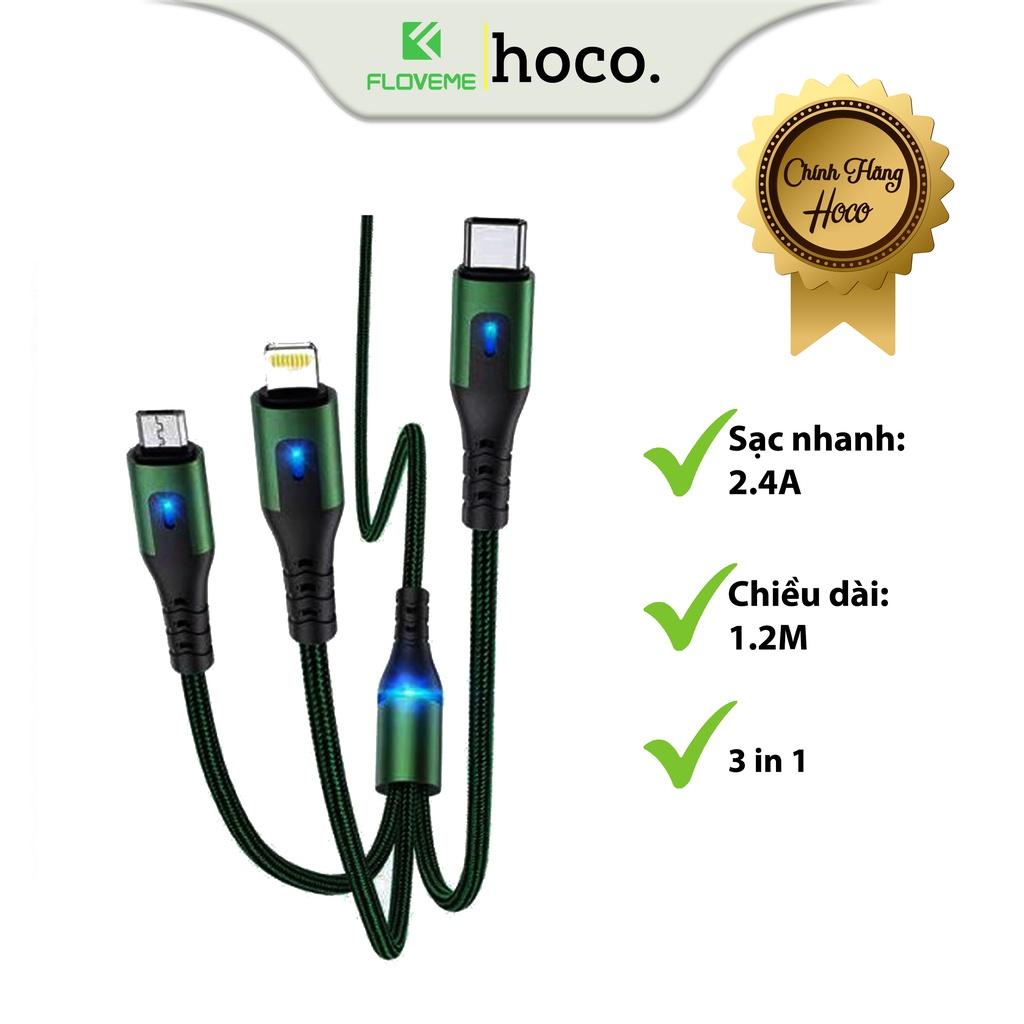 Cáp Sạc Dành Cho Hoco DU08 Plus 3 in 1, Sạc Nhanh 2.4A, Có Đèn LED, Dây Dù Chống Dối, Đứt Gãy, Hỗ Trợ Truyền Dữ Liệu, Dài 1.2m - Hàng Chính Hãng