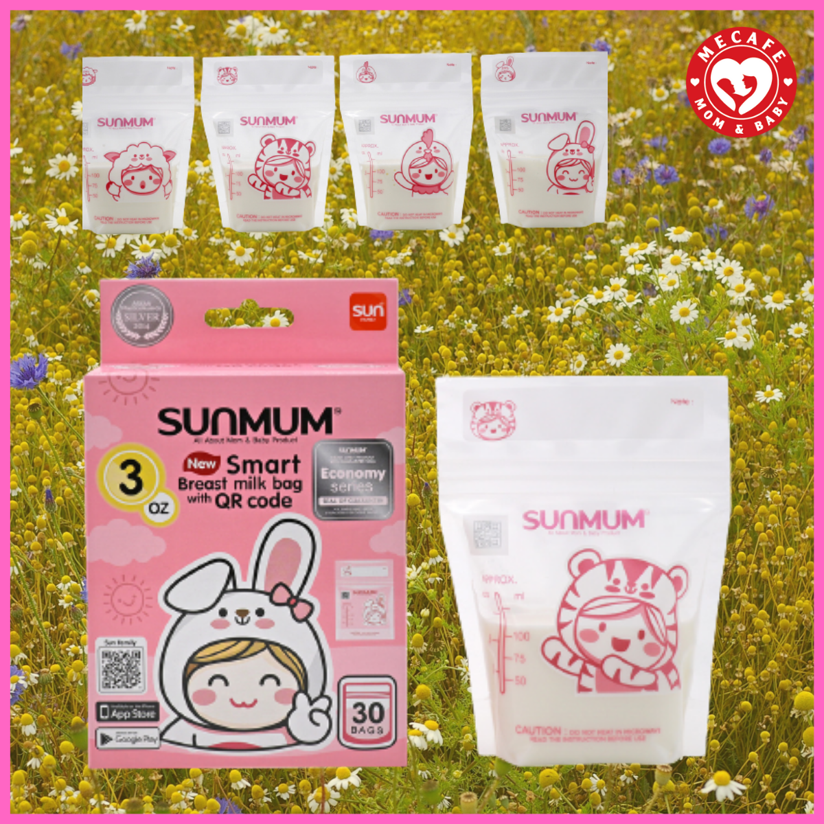 Hộp 30 túi trữ sữa sunmum mini 100ml Thái Lan (có tem niêm phong) tặng 2 zipper 15x20cm