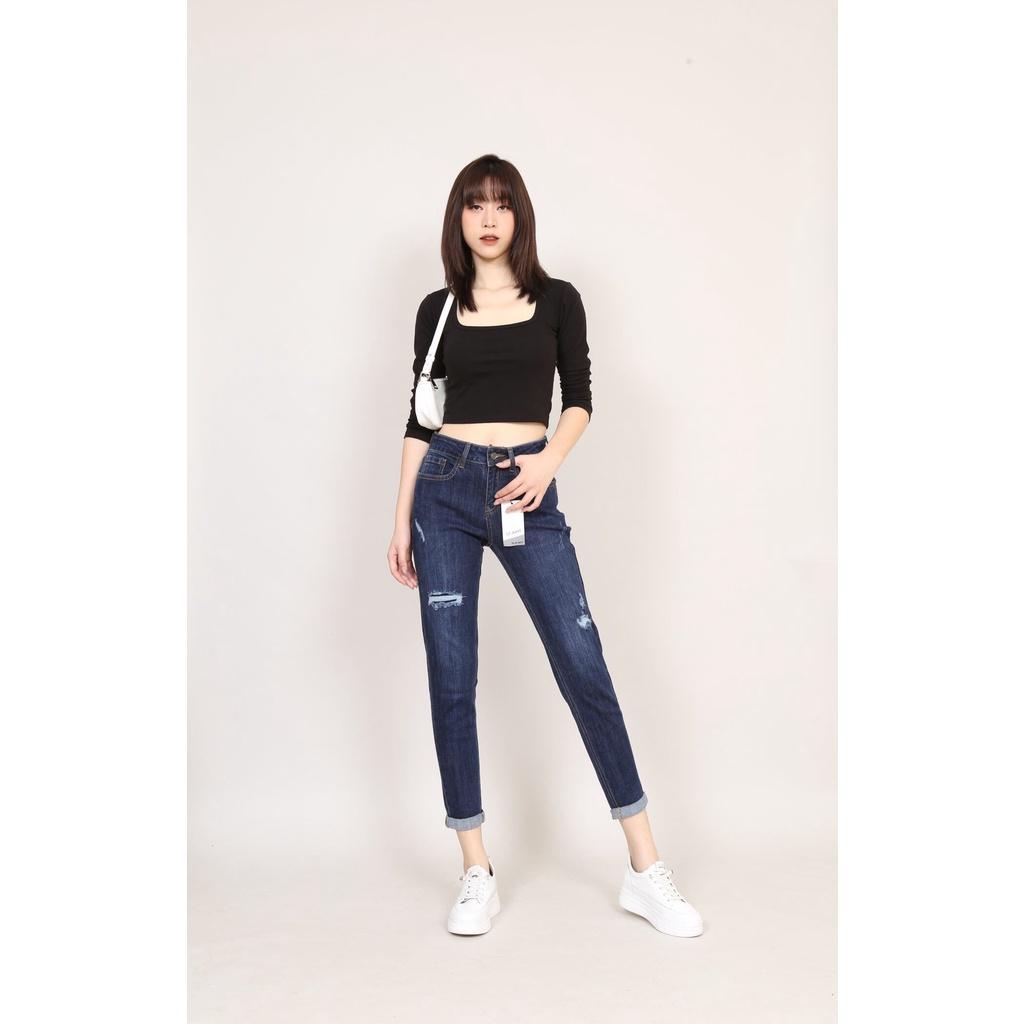 Quần Jean Nữ Boyfriend Baggy Rách Vá 1 Ô Bên Phải Co Dãn Gấu Thường CT JEANS