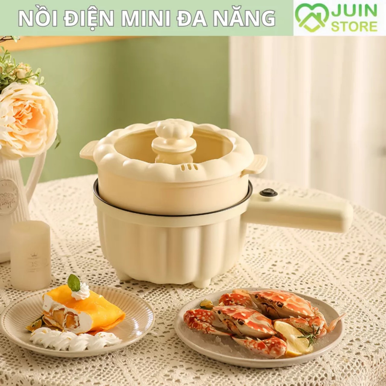 Nồi Điện Mini 2 Đa Chức Năng Kèm Lồng Hấp, Ca Mỳ Tay Cầm Nồi Bí Ngô 2 Tầng Nấu Cơm, Chiên, Xào, Rán Tiện Lợi - Hàng Chính Hãng MINIIN