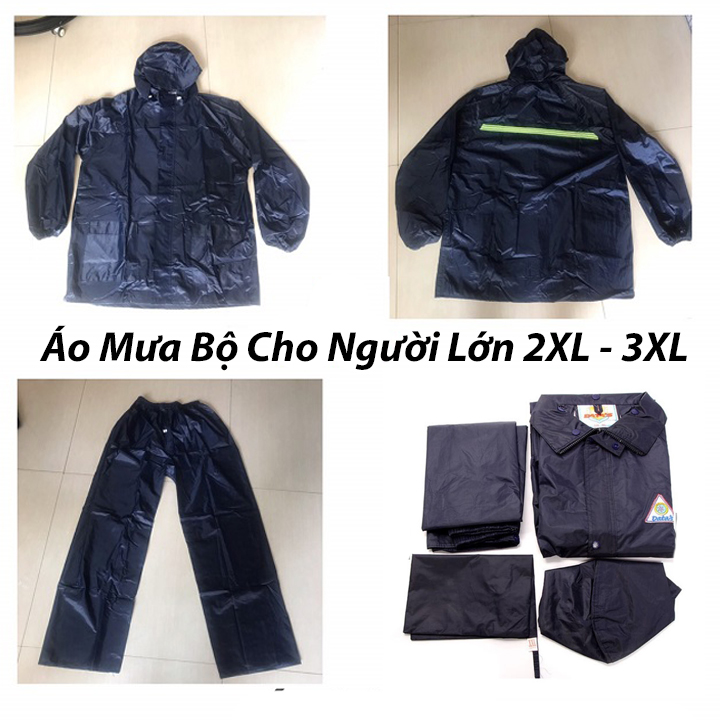 Áo Mưa Bộ Vải Dù Cho Người Lớn Tay Chun Có Nón, Phản Quang Kara house size 2XL-3XL