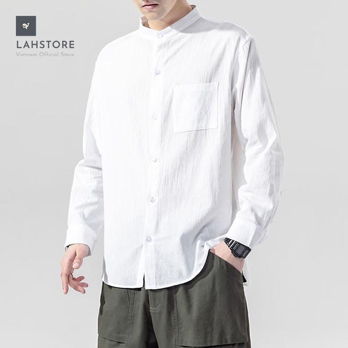 Áo sơ mi đũi nam cổ tầu dài tay form rộng LAHSTORE phong cách Hàn Quốc
