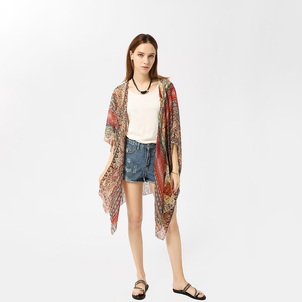Women's Summer Long Flowy Kimono Cardigans Boho Chiffon Floral Beach Cover Up Tops