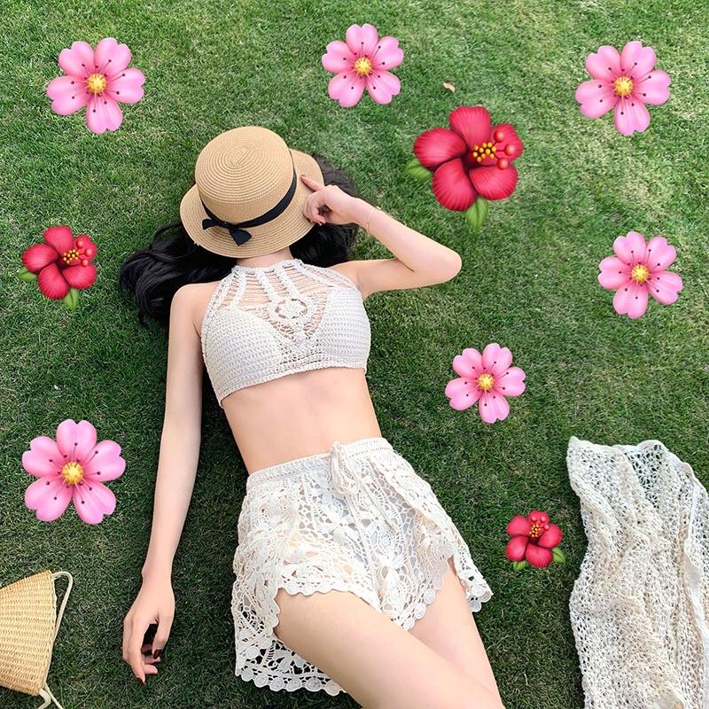 50- Bộ bikini ren 3 món️Set ren đi biển áo bra yếm- quần sóc ren xẻ vạt-choàng hạt