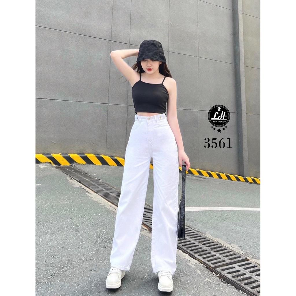 Quần jean trắng, quần bò ống suông nữ màu trắng trơn ulzzang có bass lưng siêu cao Lê Huy Fashion 3561