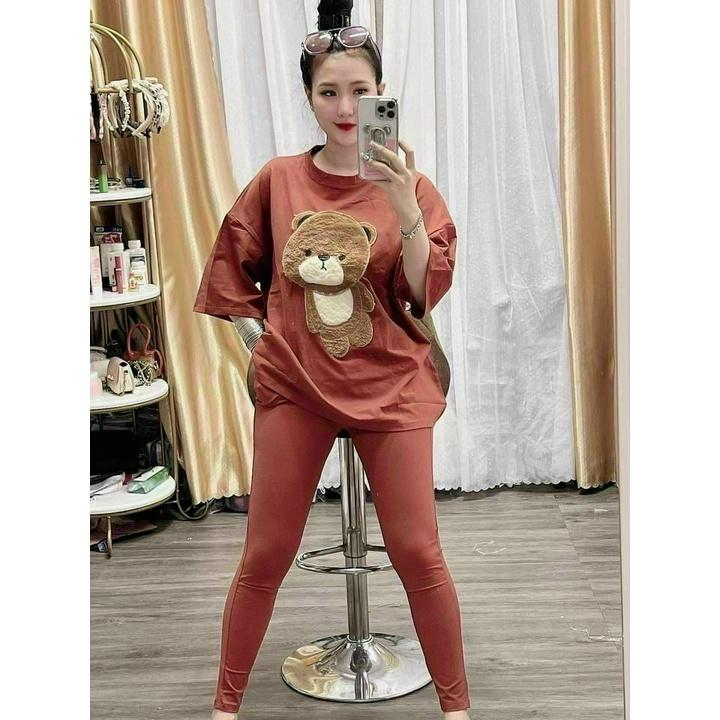 Set bộ dài họa tiết con gấu đơn giản siêu xinh, thoải mái thời trang nữ dành cho các nàng ở nhà hoặc đi dạo phố