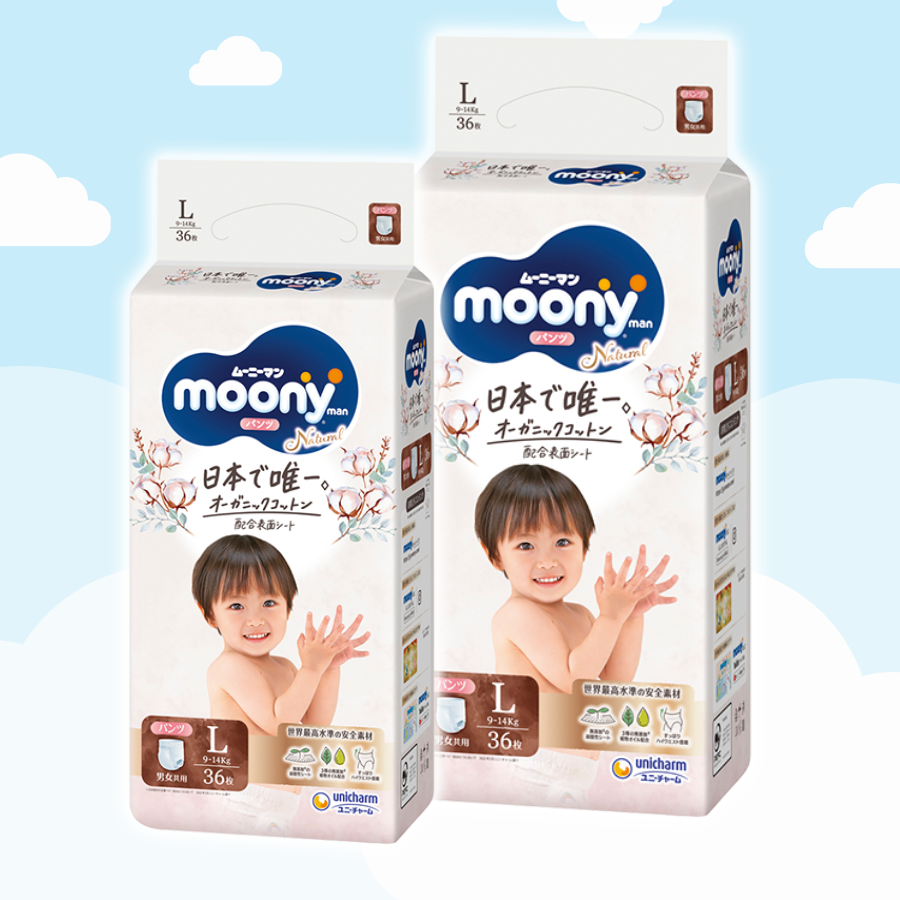COMBO 2 Bỉm - Tã quần Moony Natural size L-36 miếng (cho bé 9-14kg)