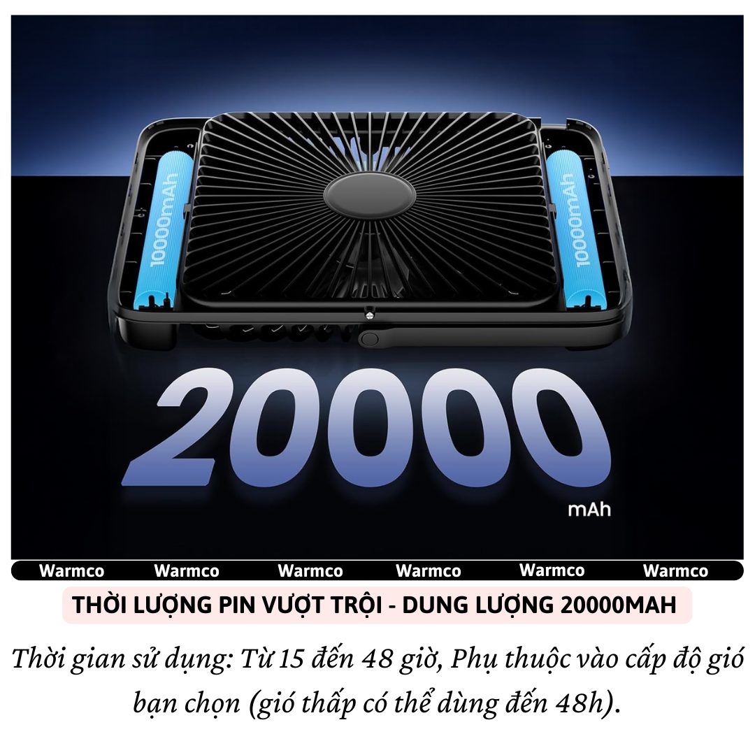 Quạt để bàn / treo đa năng turbo siêu mỏng 20.000 mAh, đèn led chiếu sáng 4 cấp độ gió,dùng làm Pin sạc dự phòng cho iphone ipad điện thoại hiệu Warmco D4 - Gió Mạnh, Êm Ái,hạn chế tiếng ồn, tích điện sạc cắm trại, du lịch, gia đình - Hàng nhập khẩu