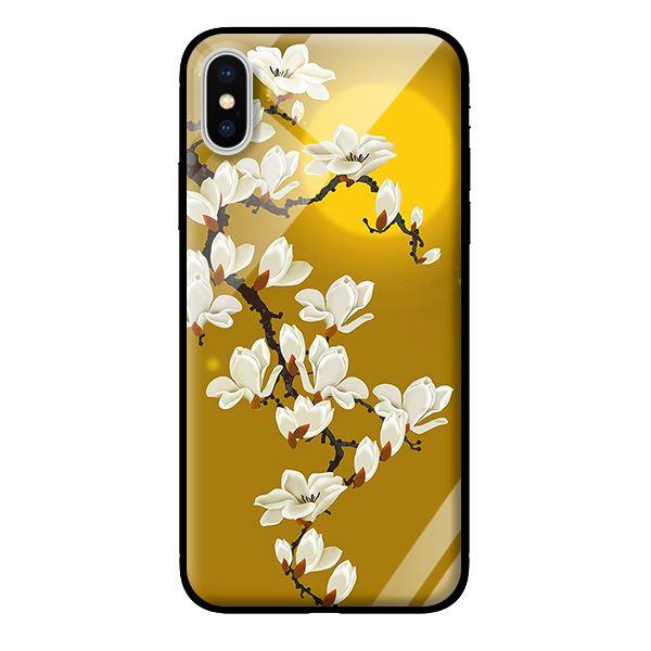 Ốp kính cường lực cho iPhone X Hoa Trắng Nền Vàng - Hàng chính hãng