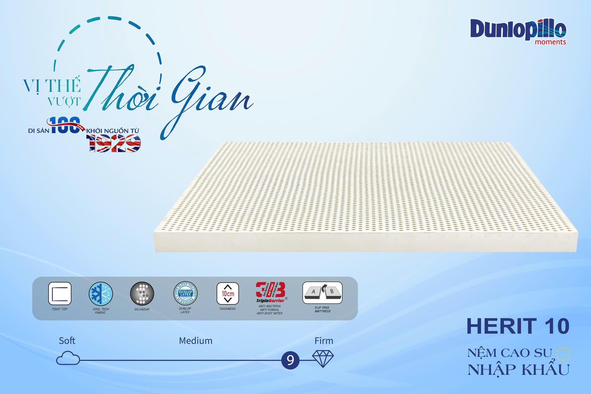 Nệm Cao Su Nhập Khẩu Dunlopillo Herit Áo Vải Cool Tech Kháng Khuẩn Bảo Vệ Sức Khỏe Độ Cao 10cm