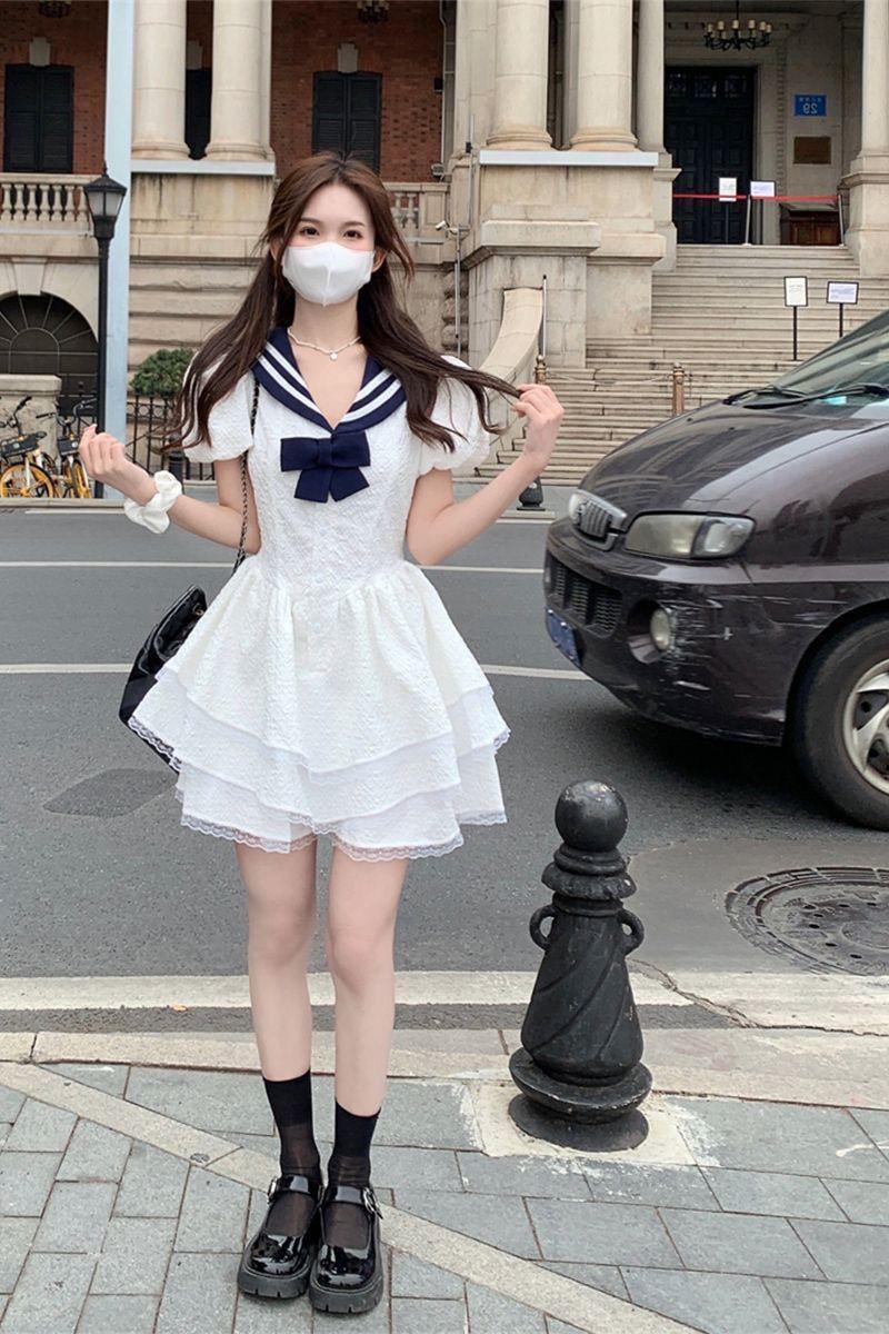SHUANGYAN Hải quân cổ Ultra Fairy Bouffant váy cho phụ nữ mùa hè ren ren nhỏ bong bóng tay áo thắt lưng đầm cao eo