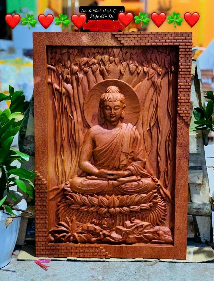 Tranh phật bổn sư thích ca mẫu ni gỗ hương đá kt 46×67×4cm