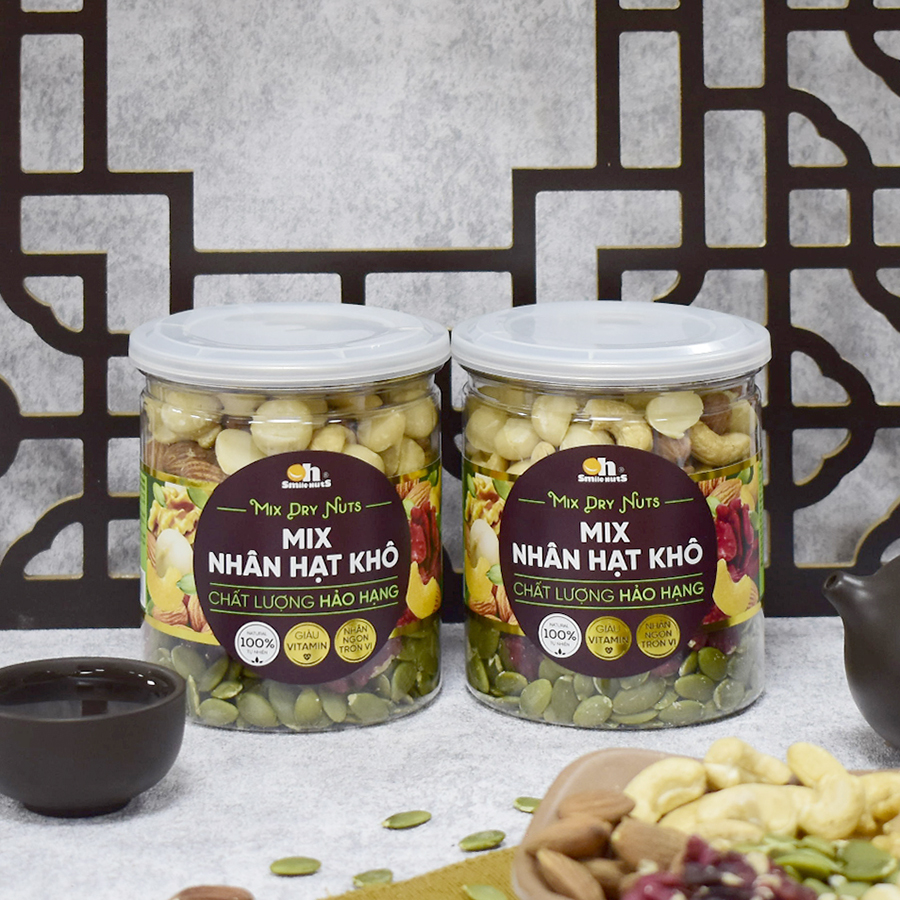 Mix Nhân Các Loại Hạt Dinh dưỡng Smilenuts hộp 255g/500g _ Gồm Nhân Óc Chó Đỏ Mỹ, Nhân Óc Chó vàng Chile, Hạnh Nhân tách vỏ Mỹ, Nhân hạt Macca Úc, Nhân hạt điều Bình Phước, Nhân Hạt Bí Xanh_ Thực phẩm dinh dưỡng