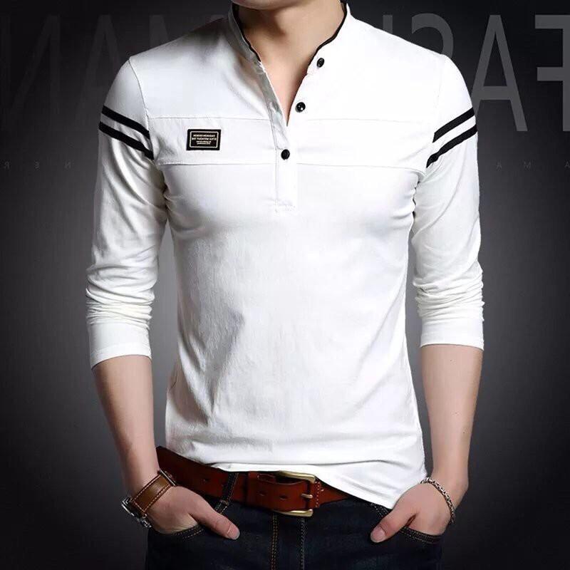 Áo thun nam tay dài hàn quốc cổ V chất thun cotton cá sấu co giãn