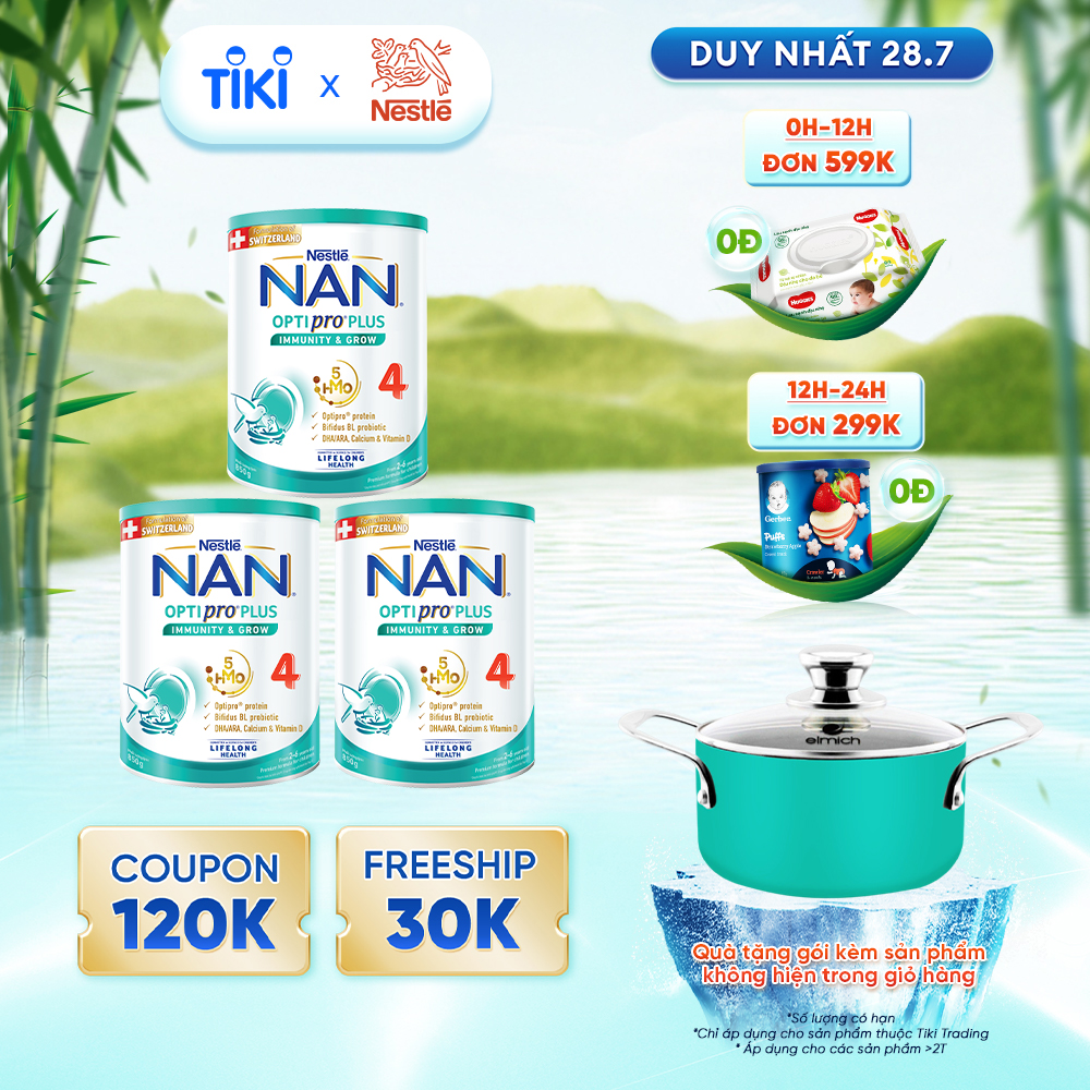 Combo 3 Sữa Bột Nestlé NAN OPTIPRO PLUS 4 850g/lon với 5HMO Hỗ trợ Đề Kháng - Tiêu Hóa - Trí Não &amp; Chiều Cao - Tặng Nồi Elmich