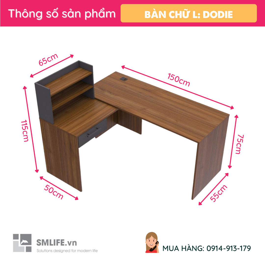 Bàn làm việc chữ L độc đáo SMLIFE Dodie