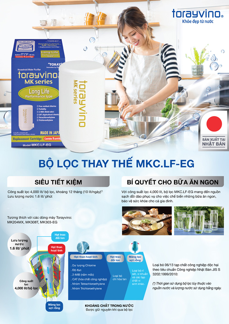 Lõi lọc nước thay thế tại vòi Nhật Bản Torayvino MKC.LF-EG - Khuyên dùng nấu ăn và rửa rau quả - 4000L - Hàng chính hãng