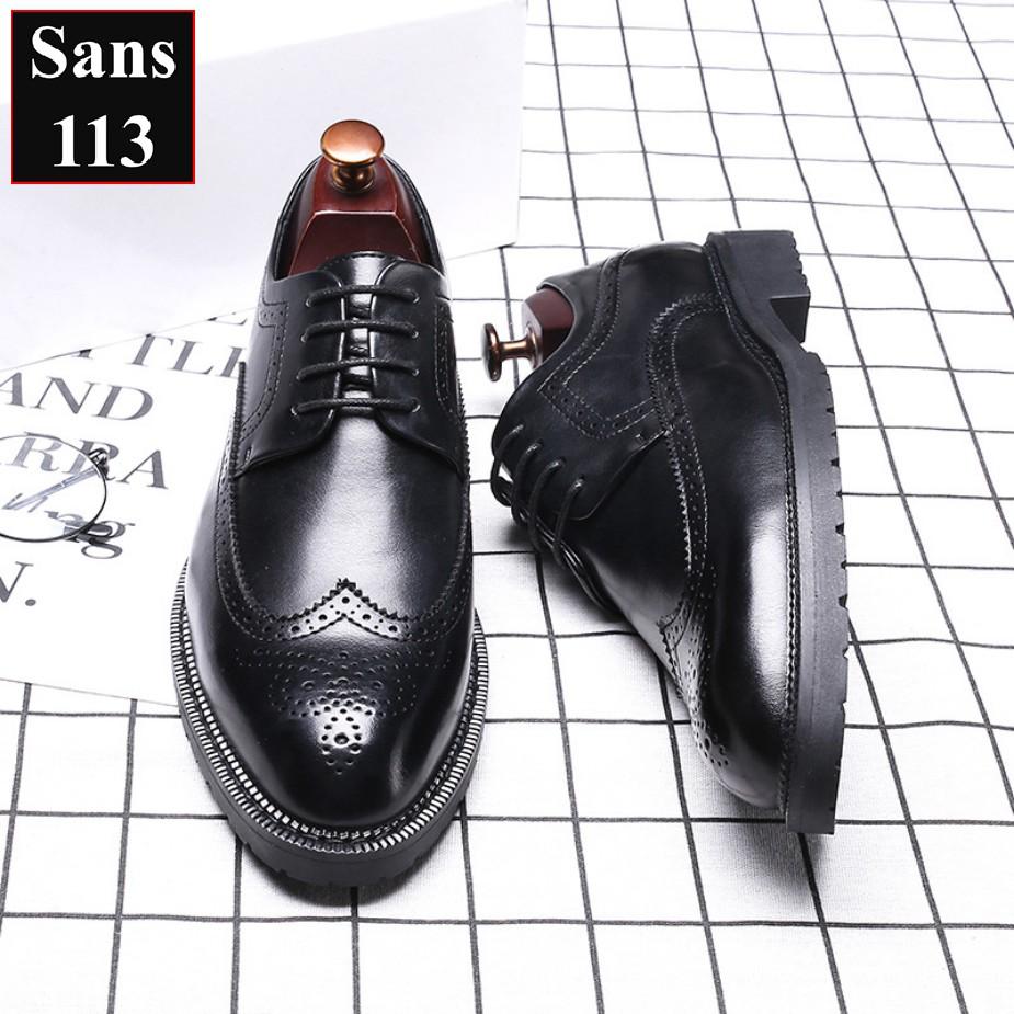 Giày oxford nam da bò thật cao cấp Sans113 giầy tây công sở đen mũi tròn âu buộc dây chú rể cưới brogue derby wingtip