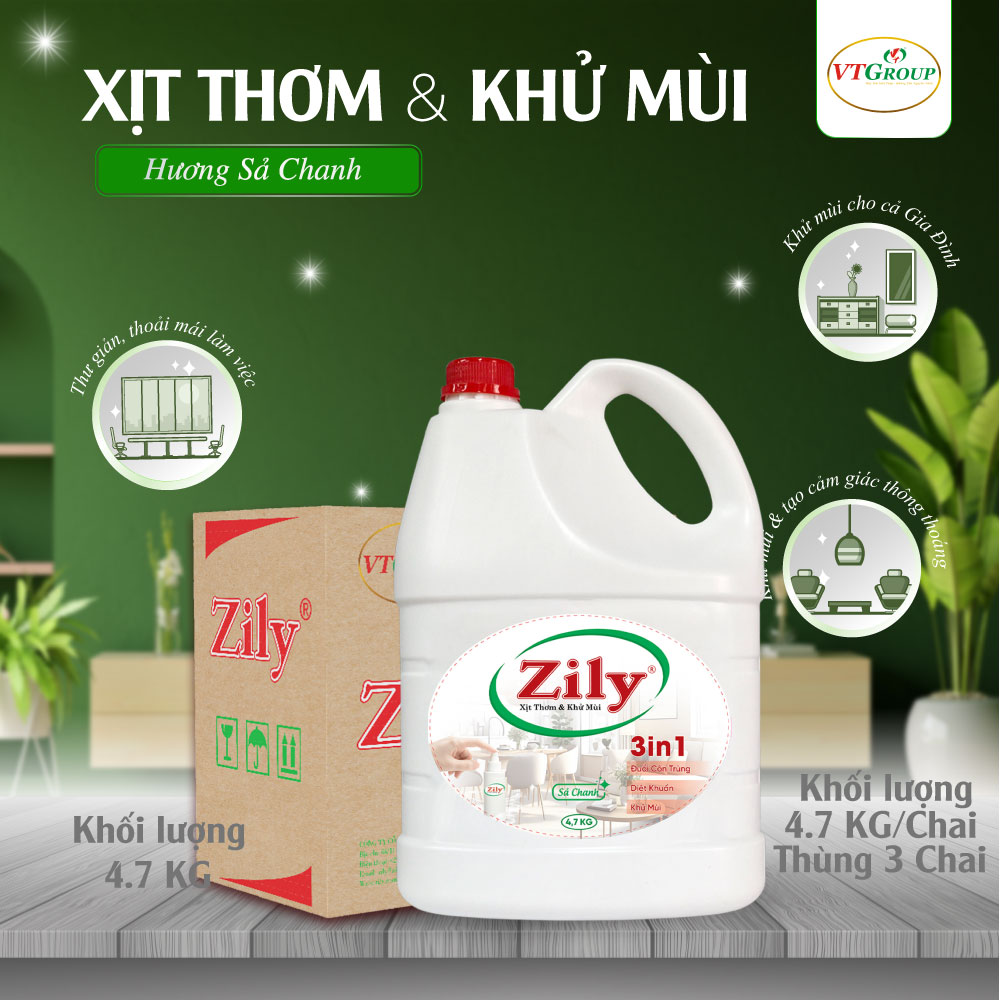 Xịt Thơm &amp; Khử Mùi Zily 4.7 Kg (3 Chai/Thùng) - Tặng 1 chai Lau sàn nhà Rick 4.7Kg