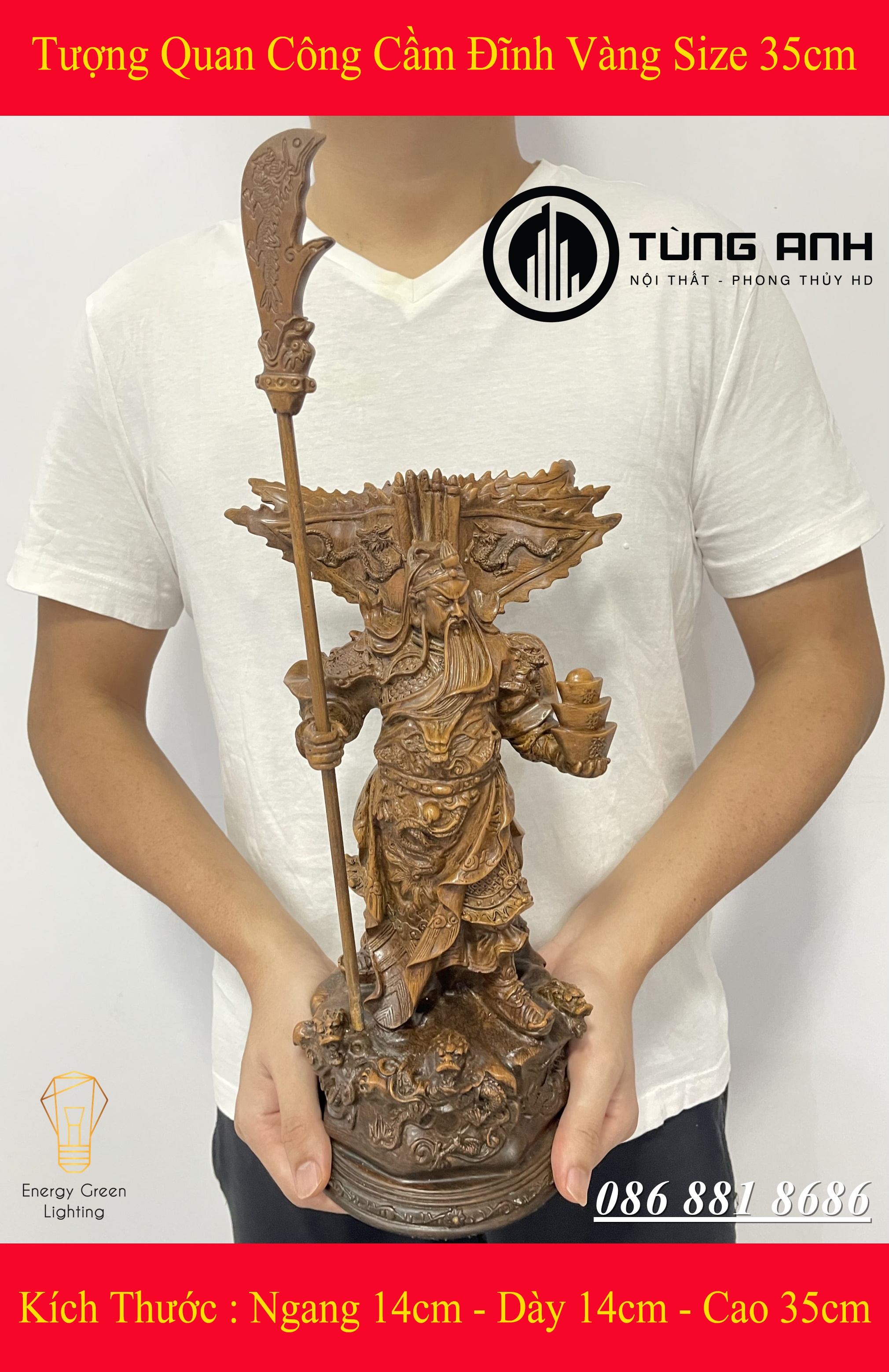 Tượng Quan Công Cầm Đĩnh Vàng Size 35cm - Mang Lại Sự May Mắn , Tài Lộc , Bình An - Có Video Thực Tế