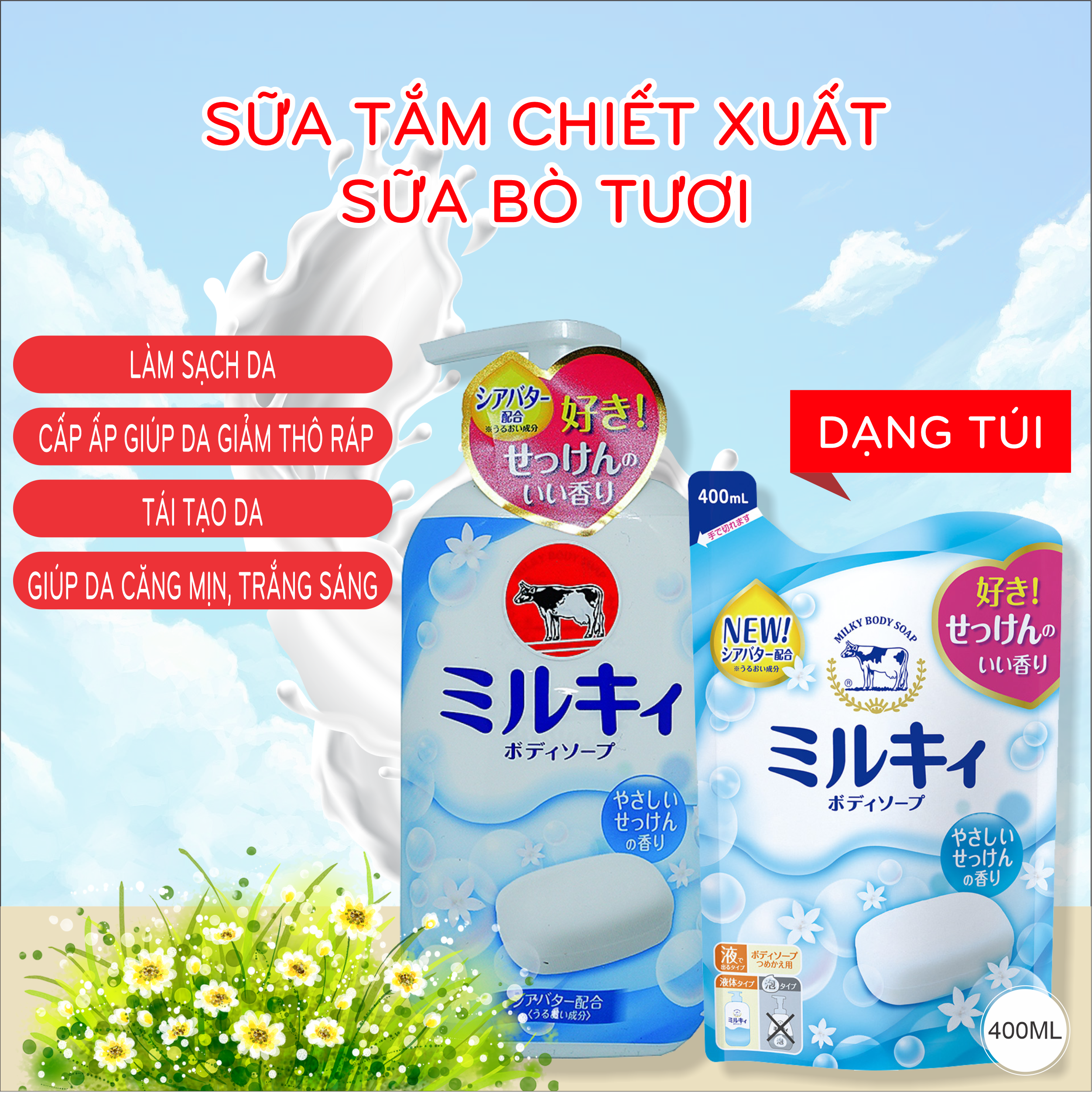 Combo Sữa Tắm Sáng Da Hương Hoa Cỏ Cow Milky Body Soap Citrus ( Chai 550 mL Và Túi 400 mL )