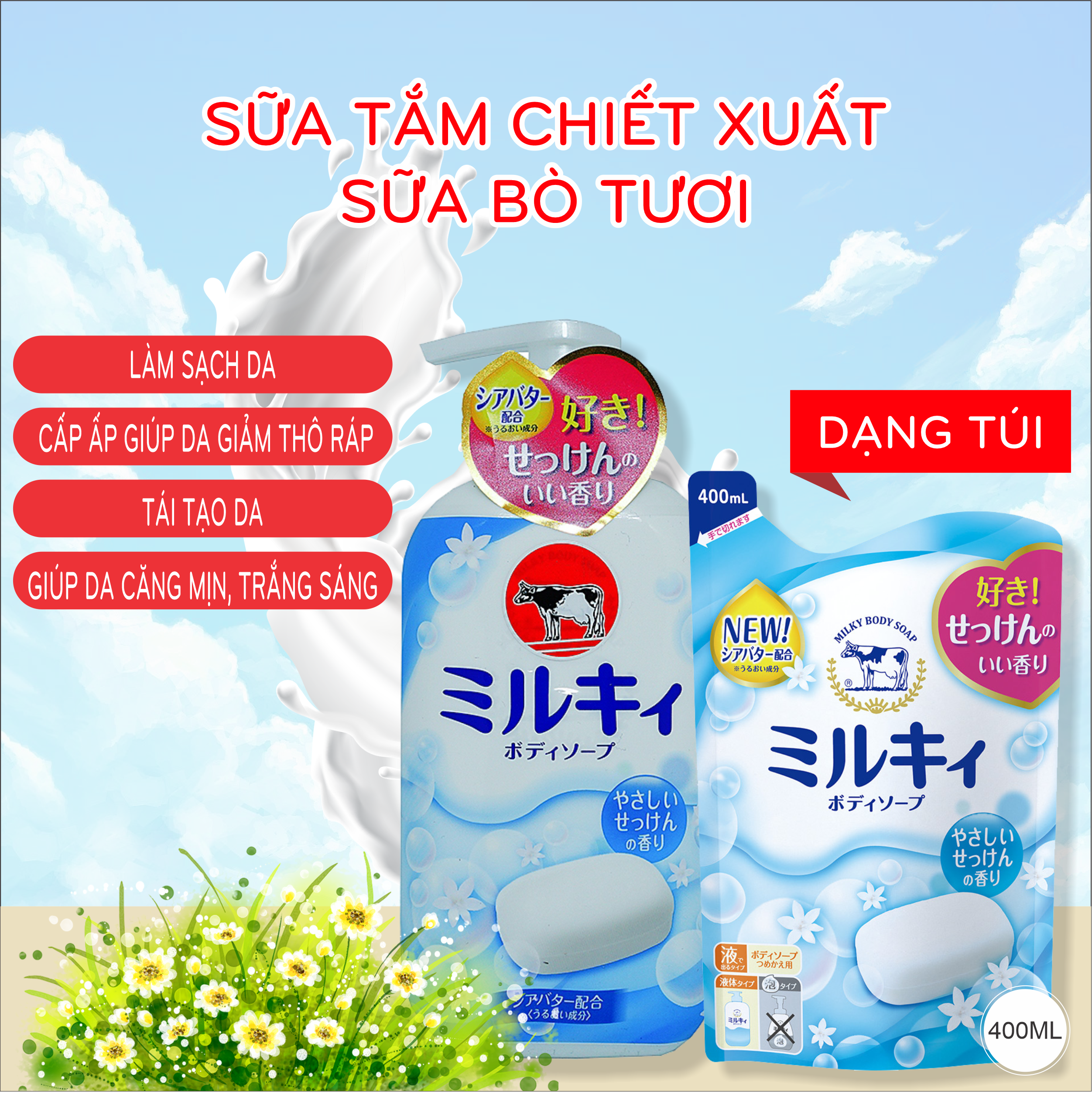 Sữa Tắm Dưỡng Trắng Mịn Da Hương Hoa Cow Milky Body Soap Pump Chiết Xuất Sữa Bò Tươi Refil (Combo Sữa Tắm Và Set 24ml)