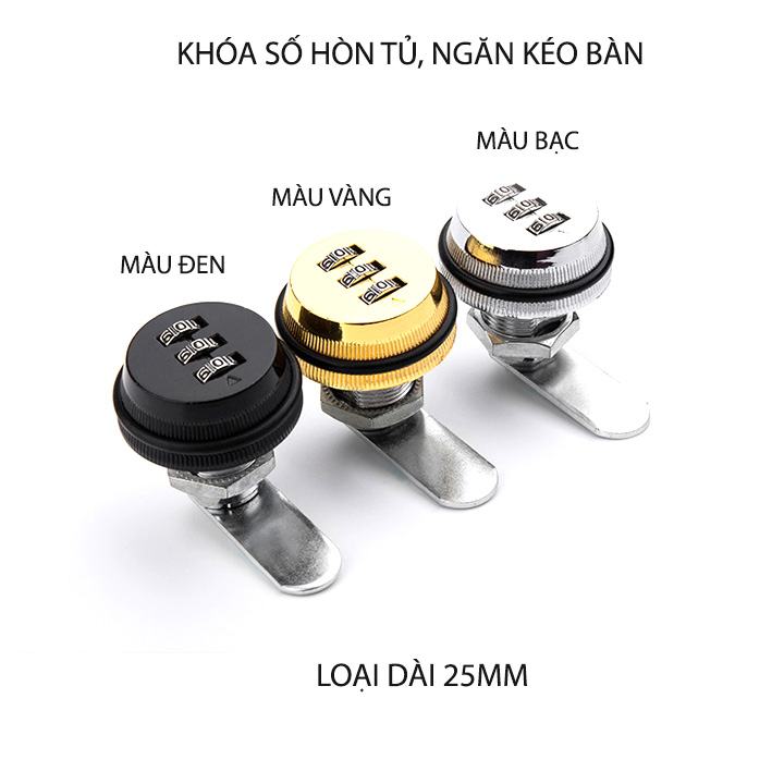 Khóa số ngăn kéo bàn, tủ, loại dài 25mm với 3 mã số có thể thay đổi được, bằng hợp kim