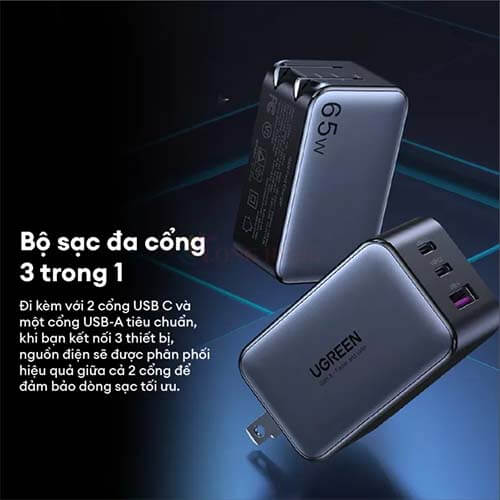 Sạc đa cổng Ugreen Wall Charger 1USB 2Type-C 65W QC 4.0 PD 3.0 CD244 - Hàng chính hãng